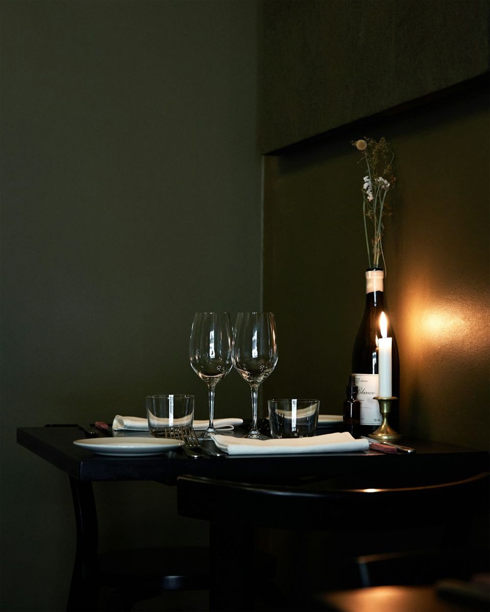 A table set for two with wine and candles