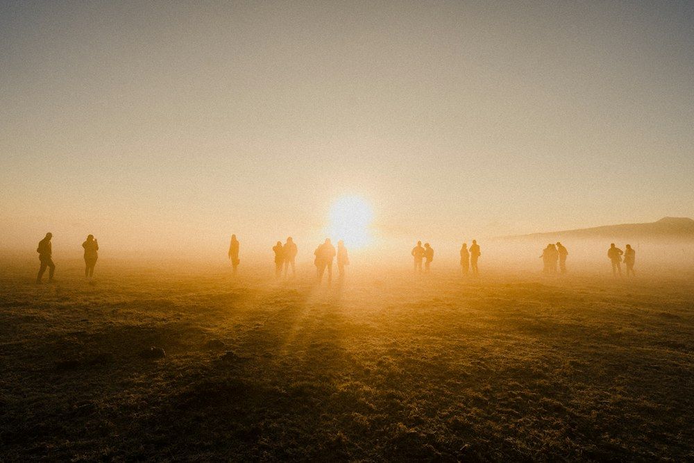 Group watching sunrise over a misty grassy field