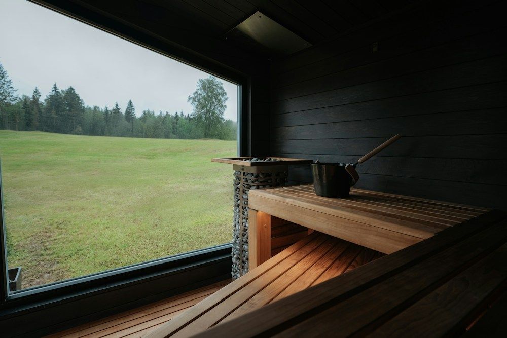Interior of a modern sauna with a large window