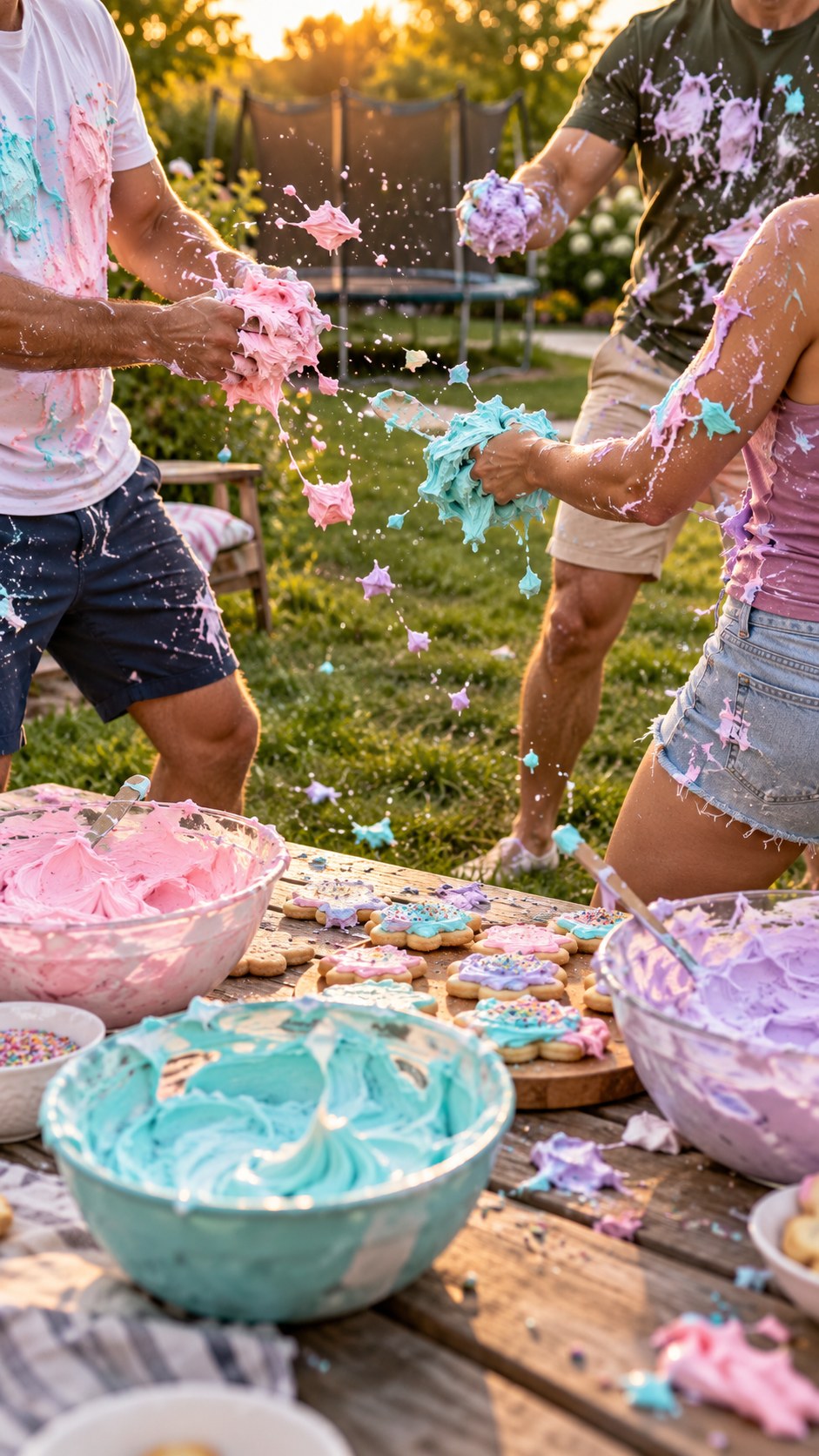 AI illustration of a backyard food fight with pastel meringue and homemade sugar cookies on a picnic table.