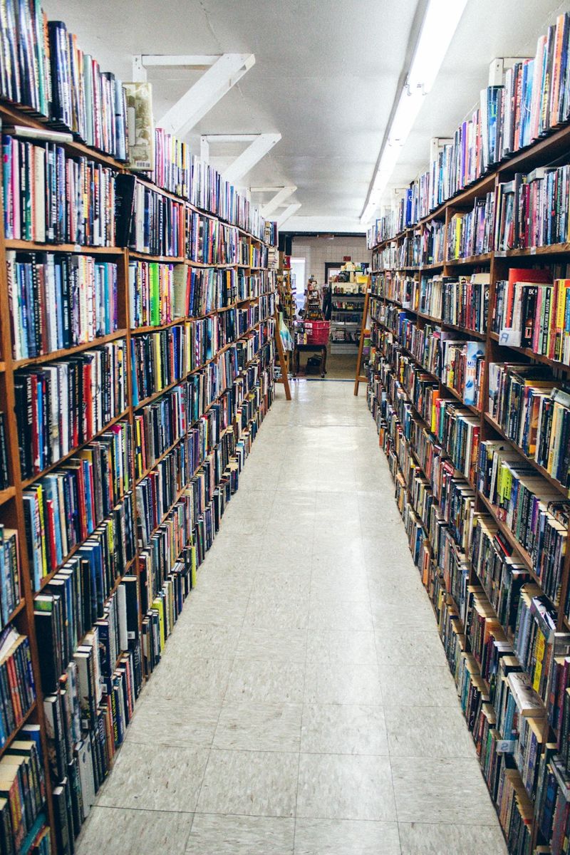 Tall bookshelves in a bookstore aisle