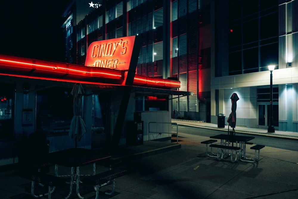 Retro roadside diner illuminated at night