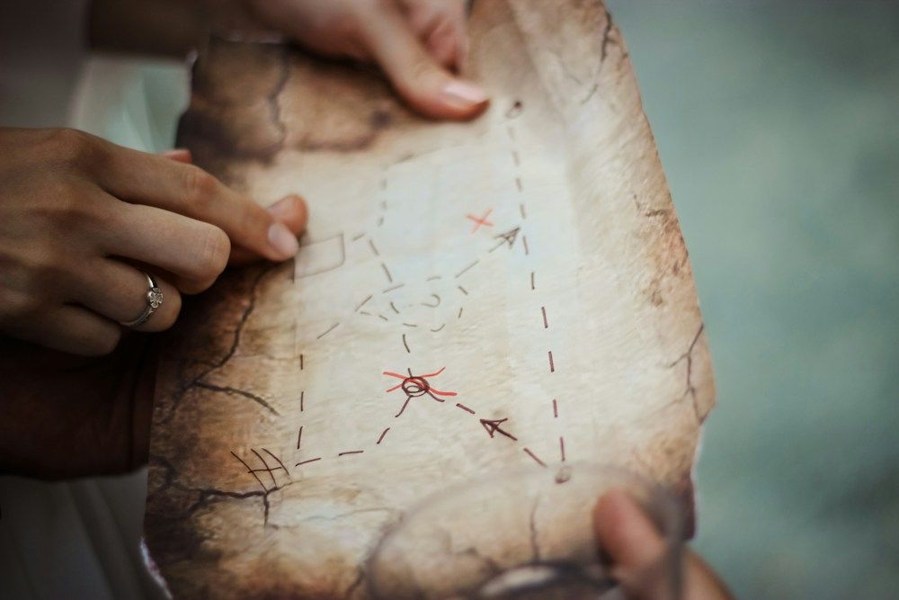 Hands holding a handmade treasure hunt map