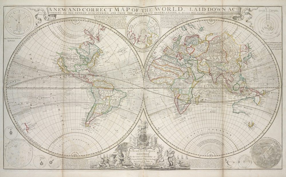 Antique world map showing continents and oceans