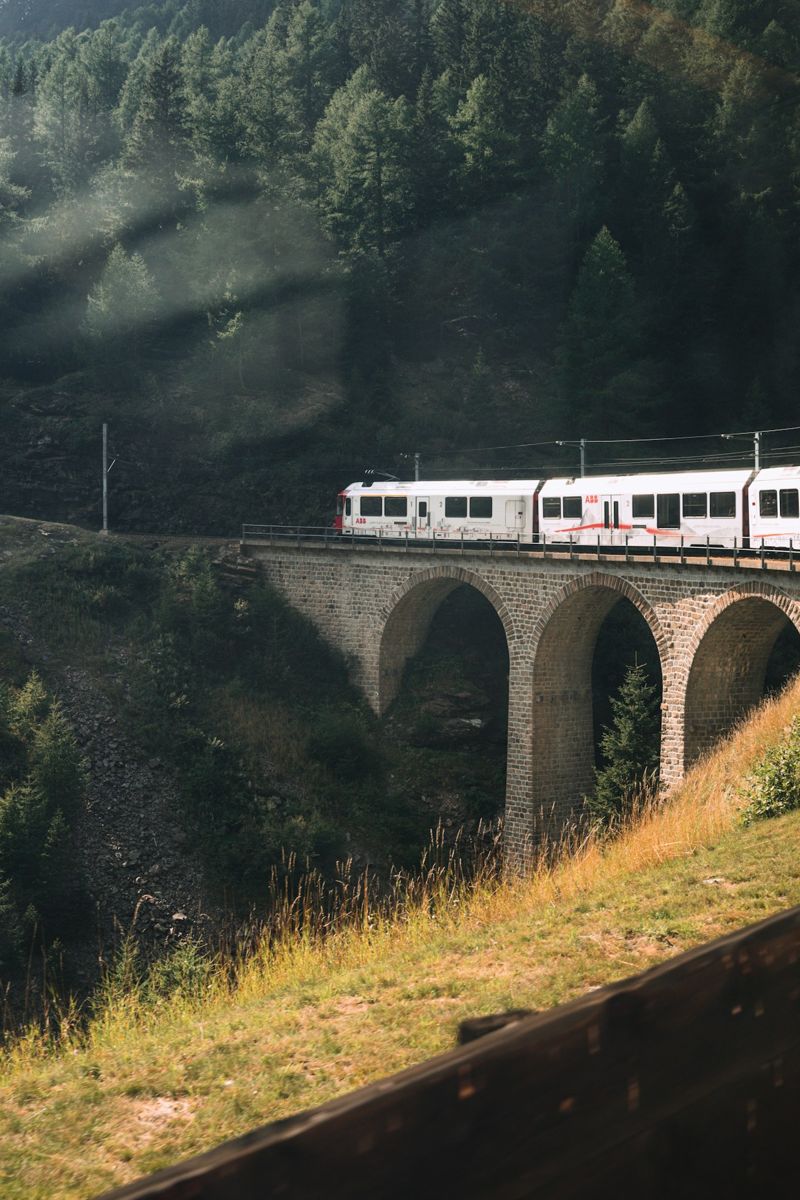 Train crossing a Swiss mountain bridge