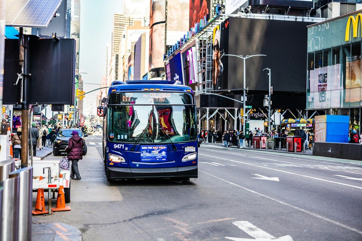 Blue city bus in New York