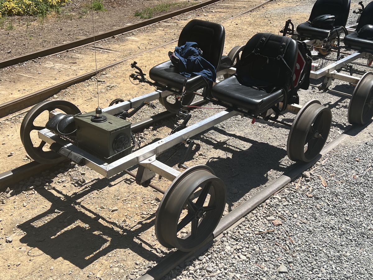 Skunk Train pedal railbike on railway tracks