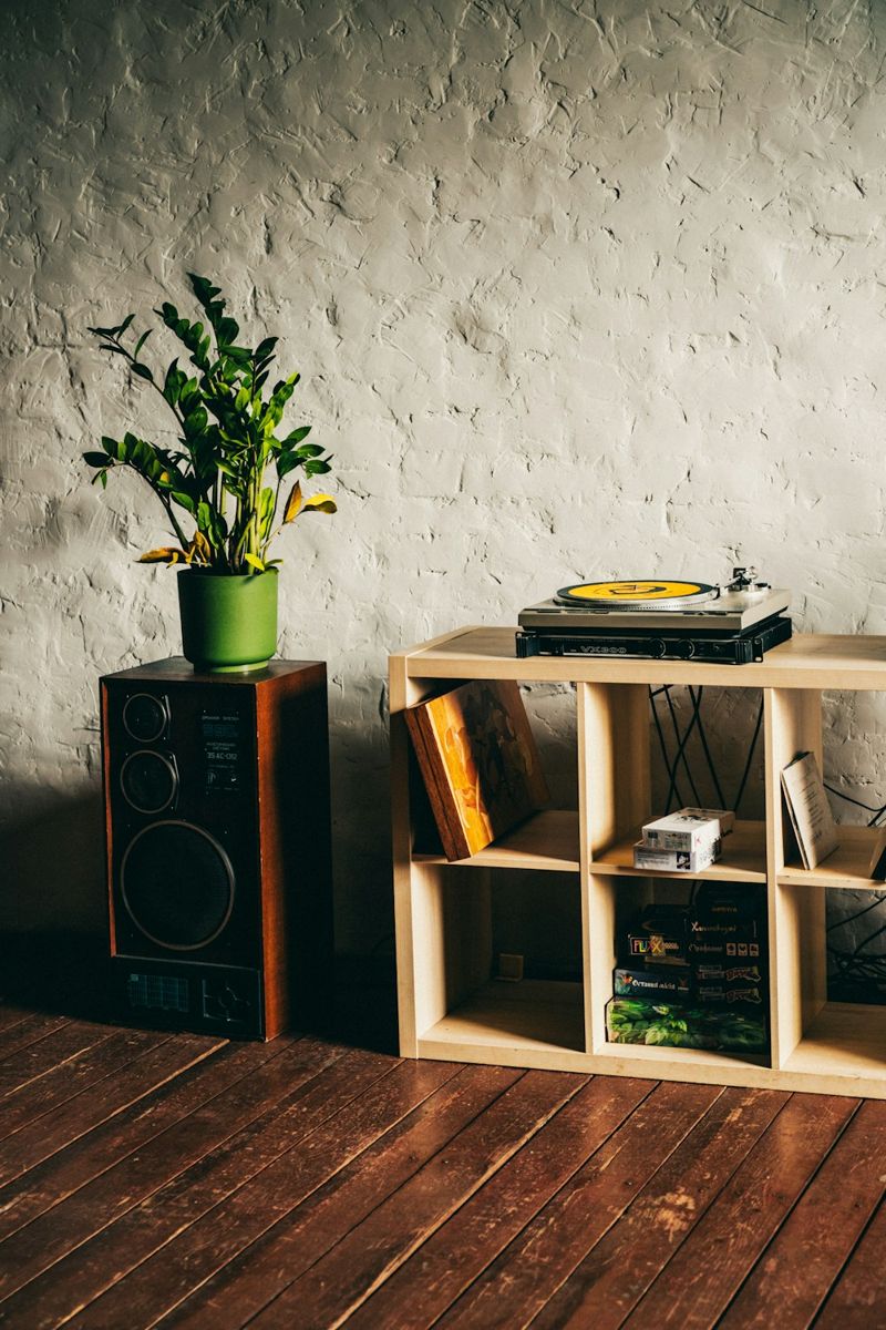 Record player and speakers in a home listening corner