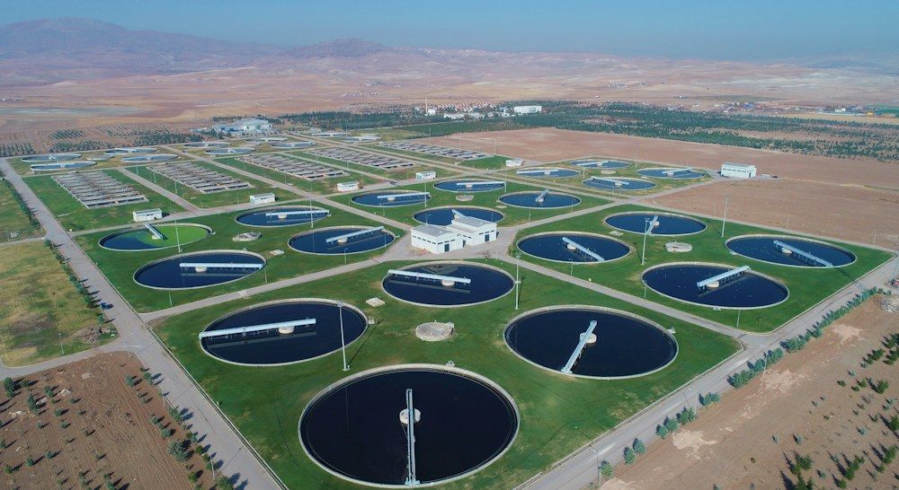 Aerial view of circular water treatment tanks in Ankara