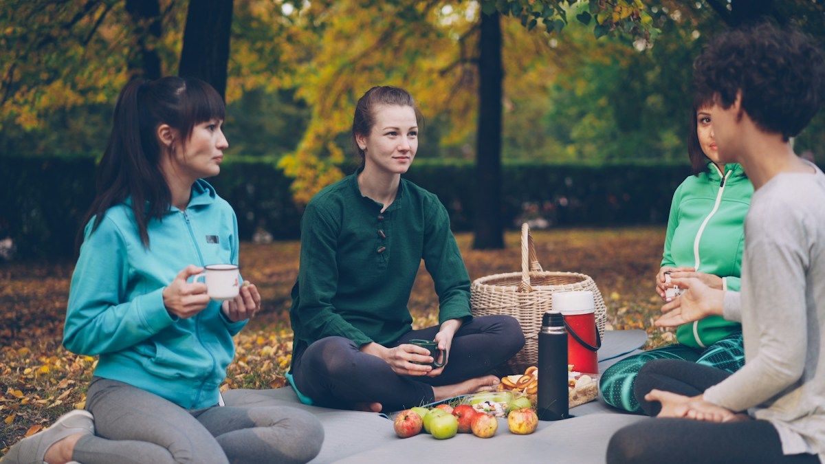 Four friends enjoying a picnic in the park