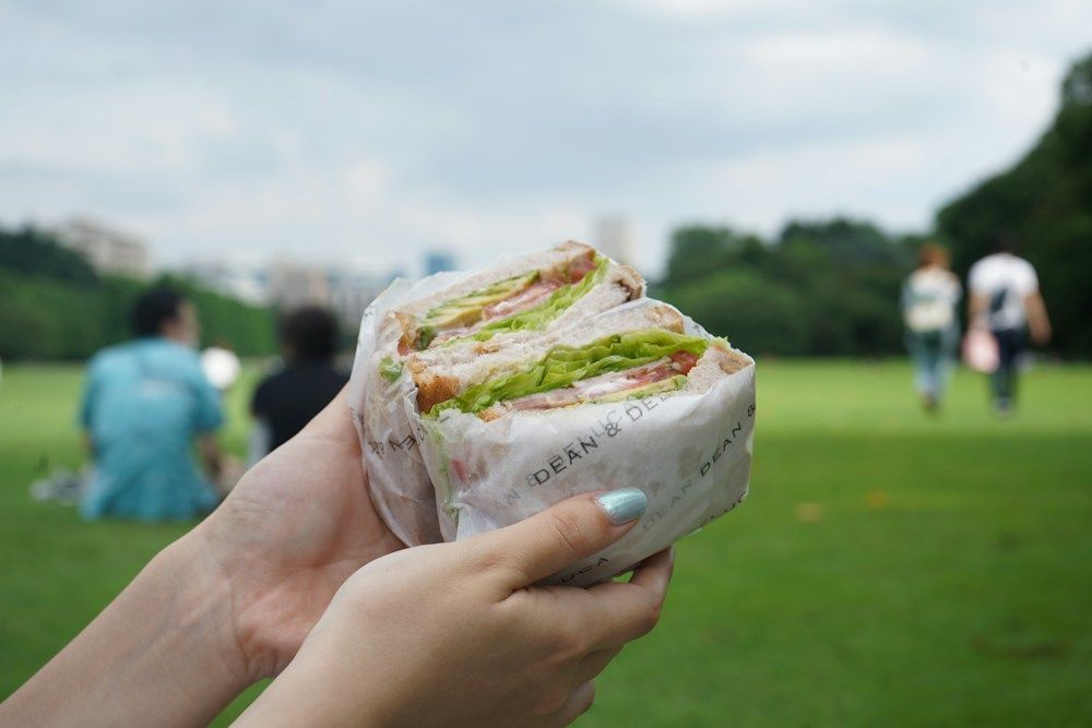 Sandwich held outdoors